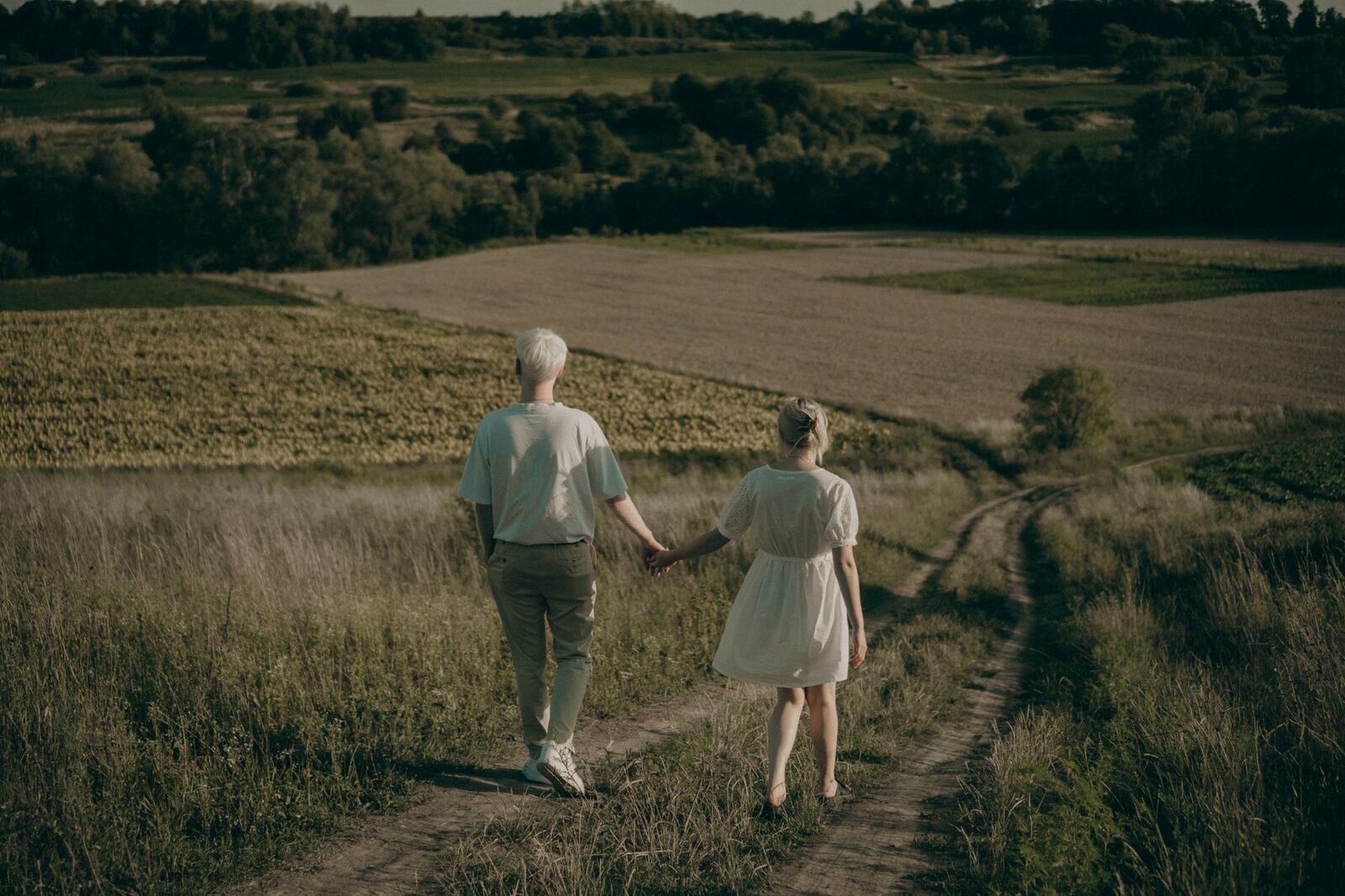 An elderly couple enjoys a peaceful walk through lush countryside fields, holding hands under the warm summer sun.